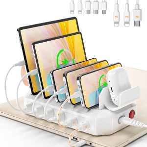 95W 6-Port USB Charging Station for Multiple Devices, HSicily 2 PD Ports USB C Fast Charging Dock Compatible with MacBook Phones iPad Kindle Tablets (8 Cables&2 Stands Included)