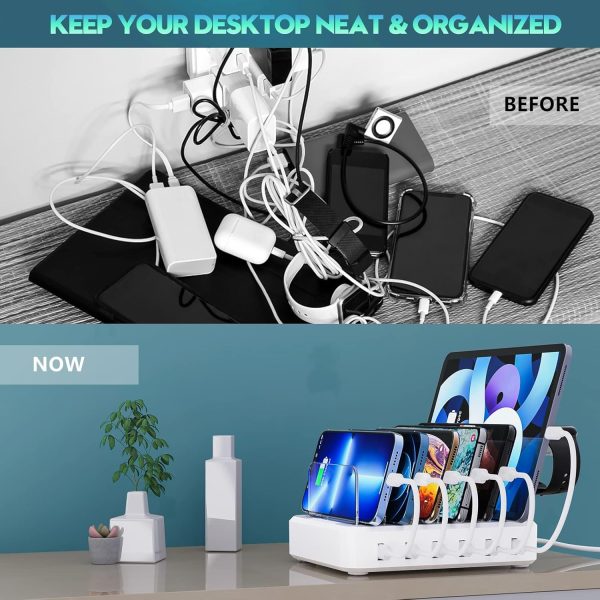 Charging Station for Multiple Devices,60W 6 Port Charger Station with 7 Mixed Charging Cables,USB Charging Dock,Compatible with Cellphone,Tablet, Kindle, iPhone iPad and More (White) - Image 3