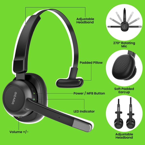 GearIT Wireless Bluetooth Headset with Mic - Multipoint Dual Connect, Noise Cancelling Trucker Headset for Phone Calls - All-Day Talk Time - Headphone with Microphone & Mute Button for Office Work - Image 2